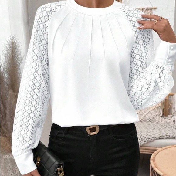 Tops - EMERY ROSE Lace Raglan Long Sleeve Blouse, pleated front, button detail, LG